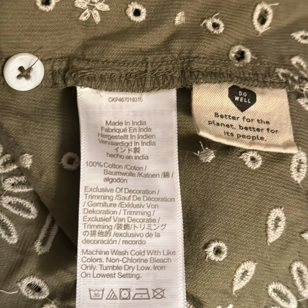 Madewell Embroidered corduroy olive green square neck mini dress‎ Sz PL new